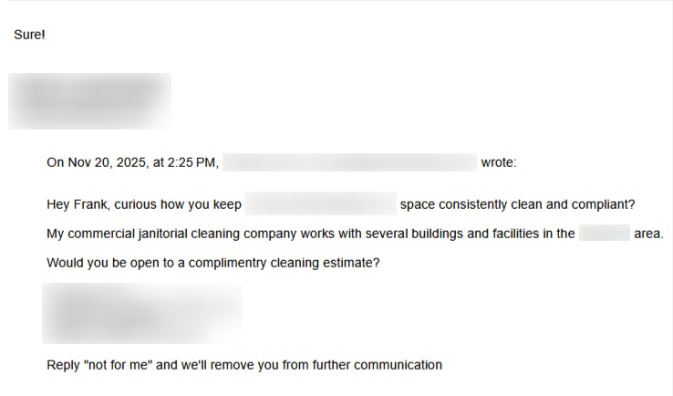Email reply from business requesting complimentary cleaning estimate
