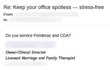Email inquiry asking about service areas in Ponderay and CDA