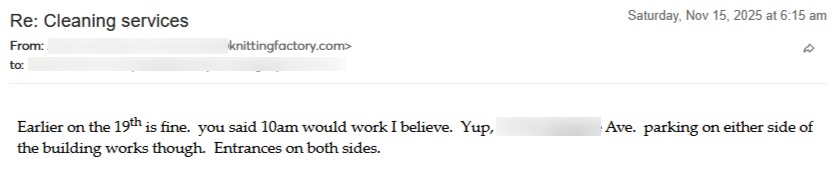 Business email confirming appointment time for cleaning services