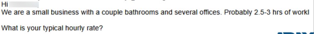 Business inquiry about typical hourly rate for commercial cleaning services